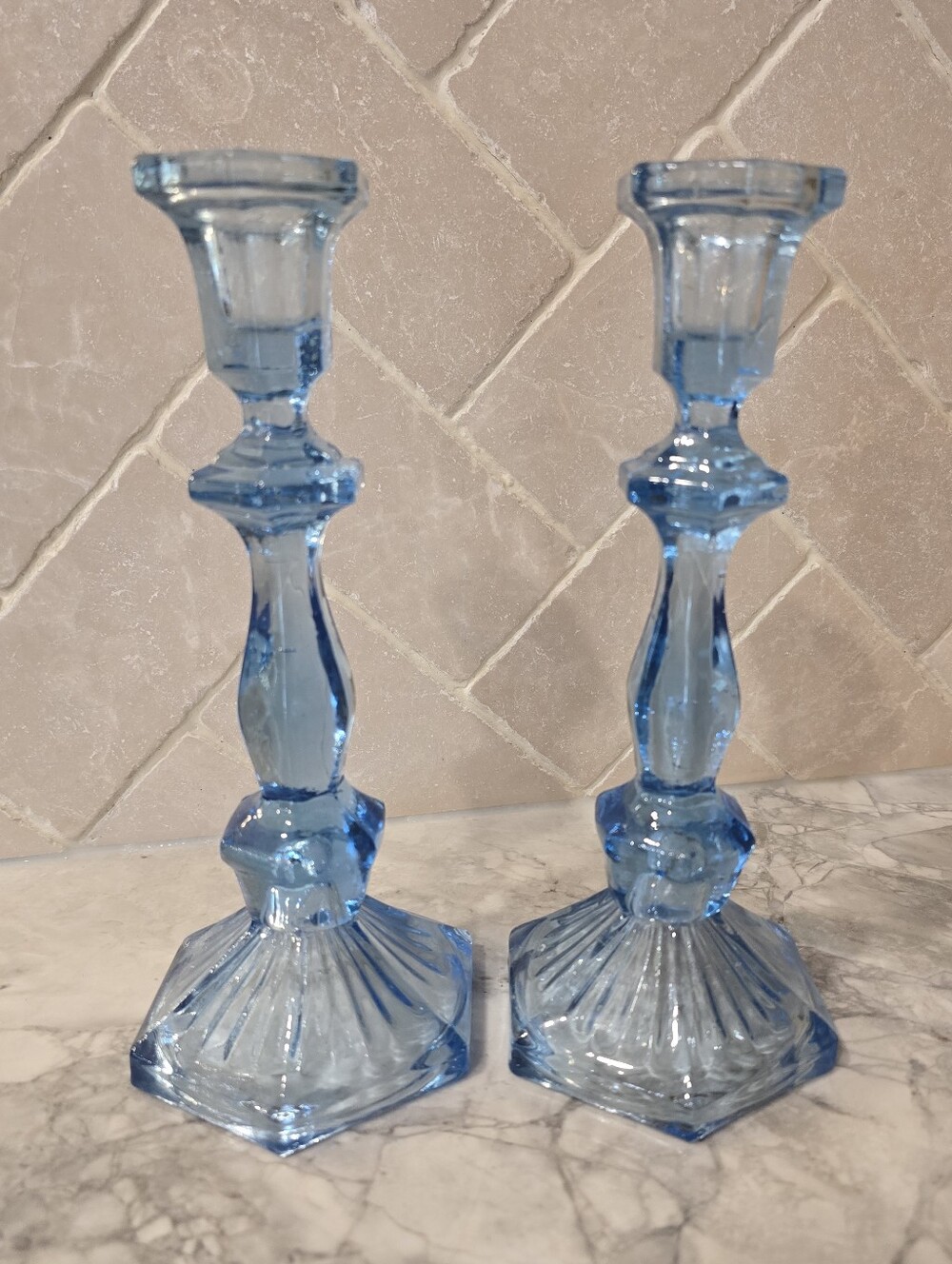 Antique EAPG Pair of Blue Pressed Hex Fluted Glass Candlesticks 9.25" Victorian